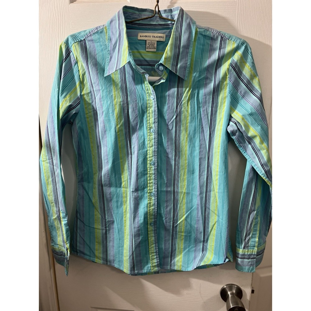 BAMBOO TRADERS Women's Large Stripped Button Front Collared Long Sleeve Top
